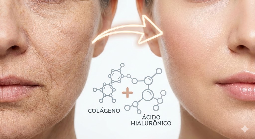 Comparativo visual de antes e depois da pele do rosto. O lado esquerdo mostra uma pele madura com rugas profundas e flacidez, enquanto o lado direito mostra uma pele jovem, lisa e hidratada. No centro, um gráfico com as estruturas moleculares de Colágeno e Ácido Hialurônico indica que a combinação desses ativos é responsável pela transformação.