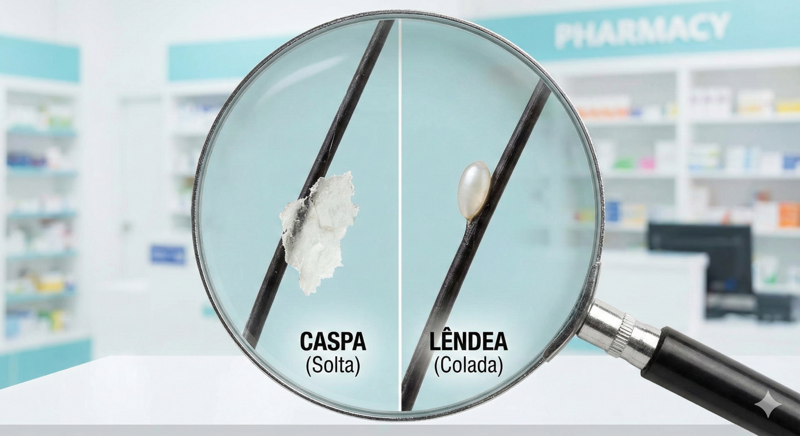 Ilustração médica vista através de uma lupa comparando um fio de cabelo com Caspa (floco branco irregular e solto) e um fio com Lêndea de piolho (ovo oval acinzentado e colado). Fundo de farmácia desfocado.