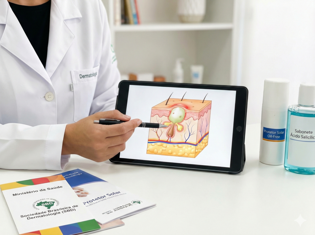 Profissional de saúde de jaleco branco em consultório apontando para um diagrama da formação da acne em um tablet. Sobre a mesa, há materiais educativos com os logotipos do Ministério da Saúde e da Sociedade Brasileira de Dermatologia (SBD), ao lado de frascos de Protetor Solar Oil-Free e Sabonete de Ácido Salicílico.