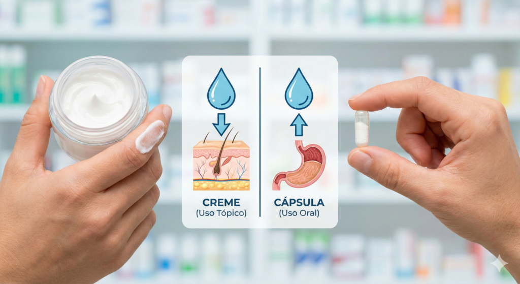 Comparativo visual entre Ácido Hialurônico em Creme (uso tópico) e em Cápsula (uso oral). Um gráfico central demonstra a diferença de absorção: o creme age na superfície da pele, enquanto a cápsula é absorvida pelo sistema digestivo para agir de dentro para fora. Fundo de farmácia desfocado.