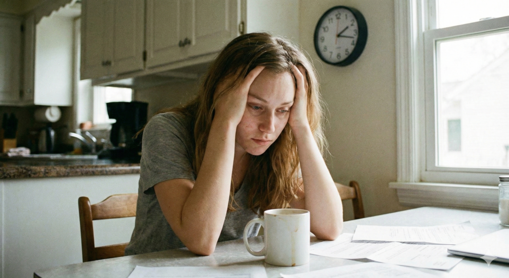 Mulher com expressão de cansaço extremo e desânimo sentada à mesa, representando sintomas de anemia e falta de ferro.