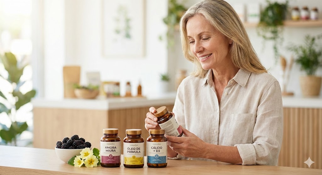 Mulher madura sorrindo sentindo brisa fresca, alívio dos sintomas da menopausa e calorão.