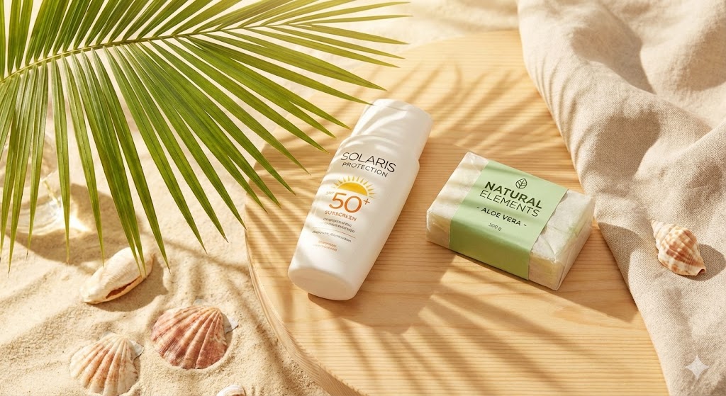 Produtos de skincare e protetor solar para pele oleosa no verão."