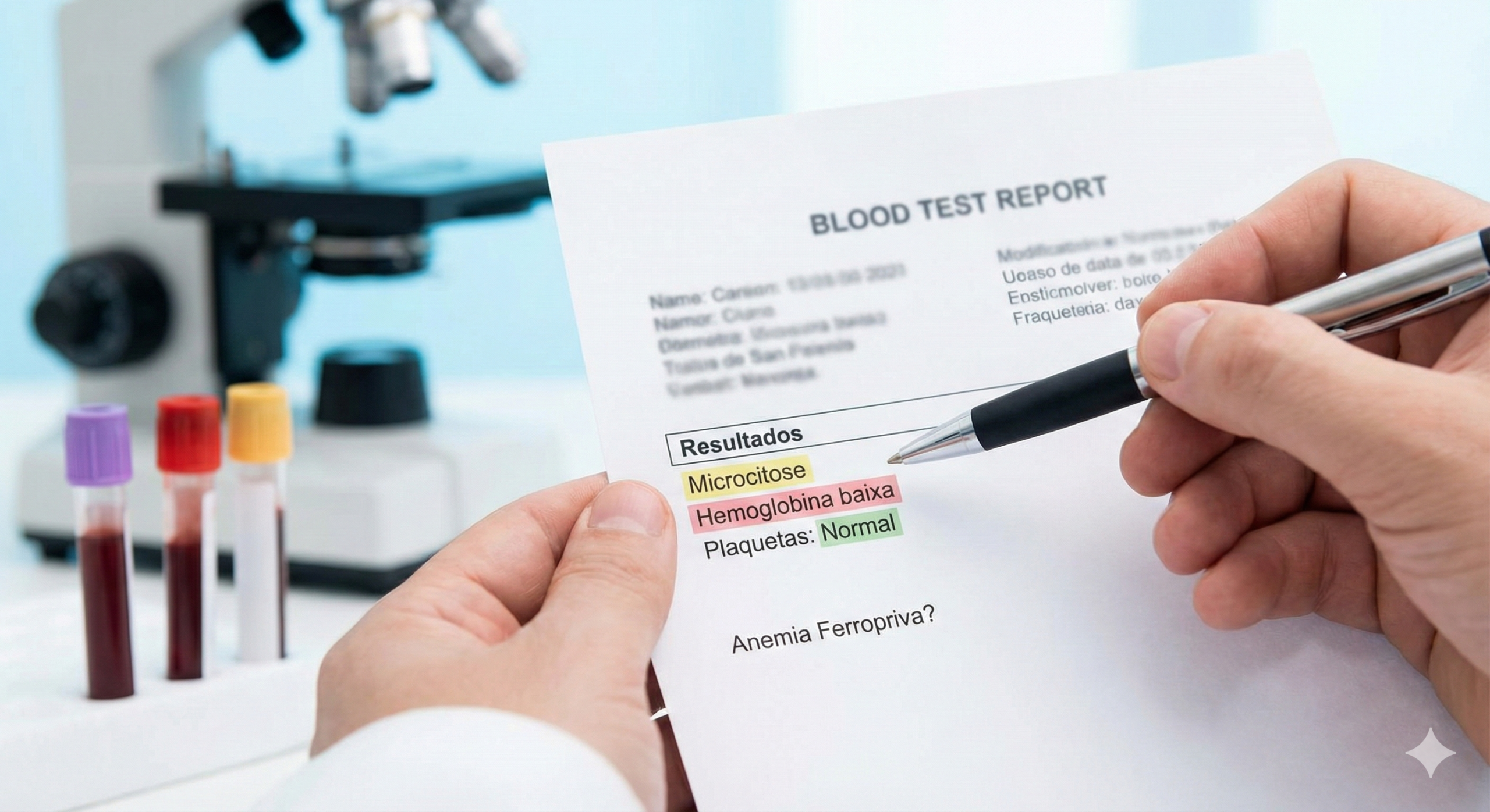 Mãos segurando um laudo de exame de sangue onde uma caneta aponta para os resultados destacados: 'Microcitose', 'Hemoglobina baixa' e 'Plaquetas: Normal', com a pergunta 'Anemia Ferropriva?' abaixo. Ao fundo, um microscópio e tubos de coleta em um laboratório."