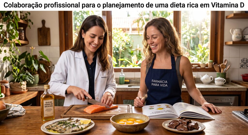 Uma nutricionista e um paciente em uma cozinha ensolarada preparando uma refeição. O nutricionista corta um salmão fresco em uma tábua de madeira ao lado de um frasco de 'ÓLEO DE FÍGADO DE BACALHAU' e um prato de sardinhas assadas. A paciente, a mesma mulher das imagens anteriores mas agora com um avental 'FARMÁCIA PARA VIDA', sorri ao observar o salmão. Na bancada há também um bowl com gemas de ovos de galinhas livres e fígado bovino cozido. Um livro de receitas 'GUIA DE ALIMENTOS COM VITAMINA D' está aberto. A luz natural do sol entra pela janela ao fundo. A atmosfera é saudável e amigável. Alta resolução.