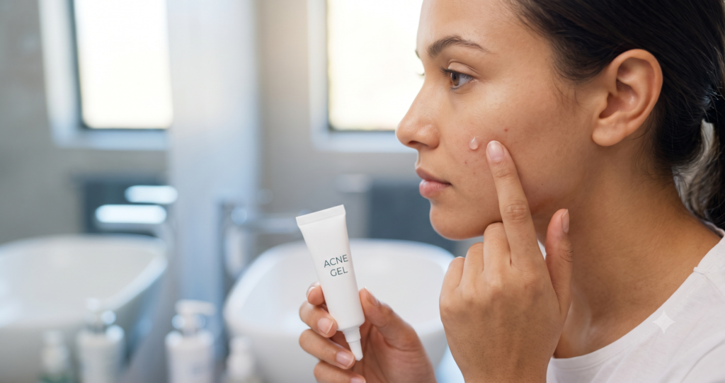 Close-up de uma mulher jovem em um banheiro moderno e iluminado, focada na aplicação cuidadosa de um pequeno ponto de gel de tratamento em uma marca na bochecha com o dedo indicador. Ela segura um pequeno tubo branco de pomada sem marca na outra mão.
