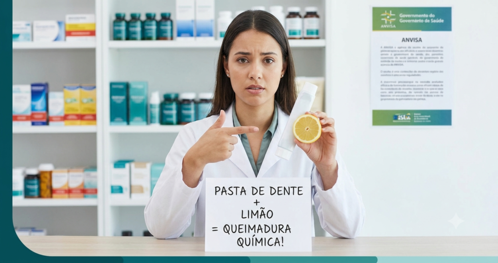 Farmacêutica de jaleco branco com expressão de alerta, segurando um tubo de pasta de dente e meio limão. Ela aponta para os itens acima de uma placa na bancada com os dizeres: "PASTA DE DENTE + LIMÃO = QUEIMADURA QUÍMICA!". Ao fundo, prateleiras de farmácia.