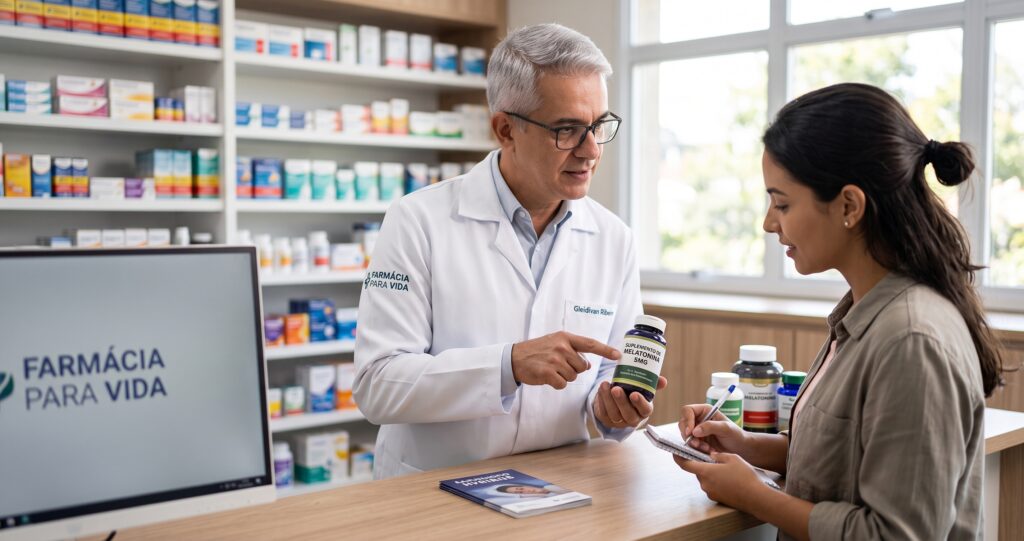 Profissional farmacêutico de jaleco orientando um paciente sobre o uso correto e as dosagens de suplementos vitamínicos e hormonais.