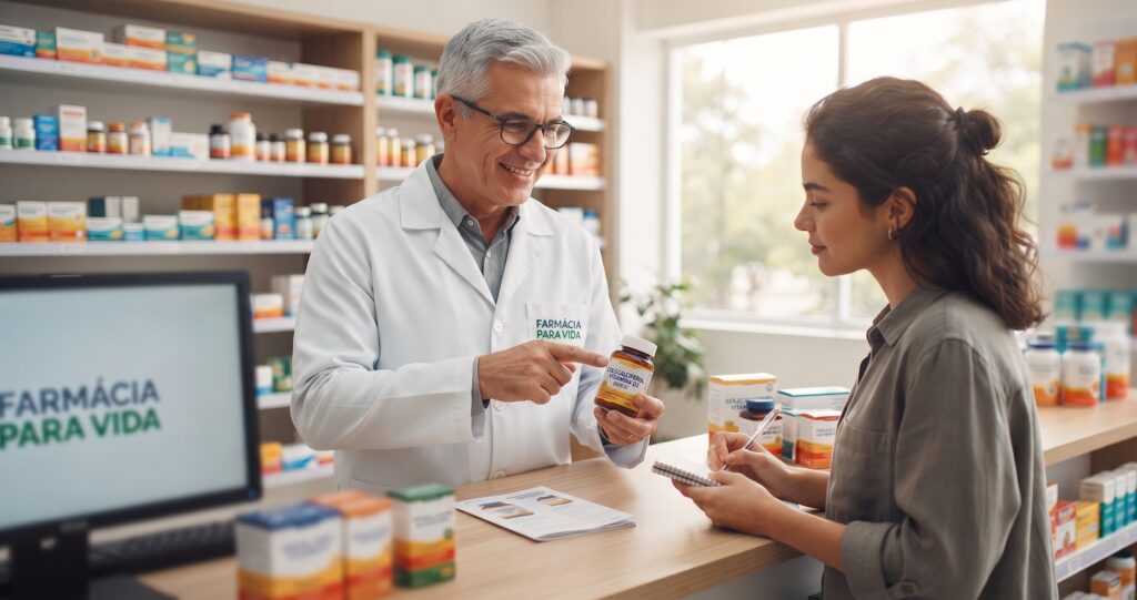 Um farmacêutico de meia-idade, vestindo jaleco branco com o logo 'FARMÁCIA PARA VIDA', explica o uso de um frasco de suplemento de 'COLECALCIFEROL - VITAMINA D3' para uma jovem paciente atenta que segura um caderno, dentro de uma farmácia moderna com prateleiras de medicamentos ao fundo.
