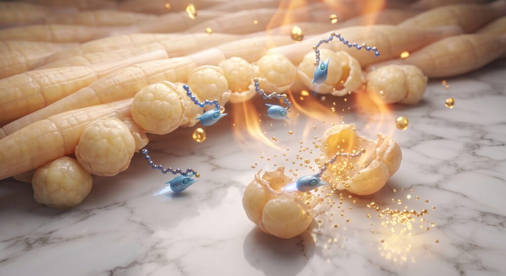 Ilustração científica macro mostrando moléculas de termogênicos estimulando a quebra de células de gordura (lipólise) e gerando energia e calor corporal, com tons de azul e dourado.