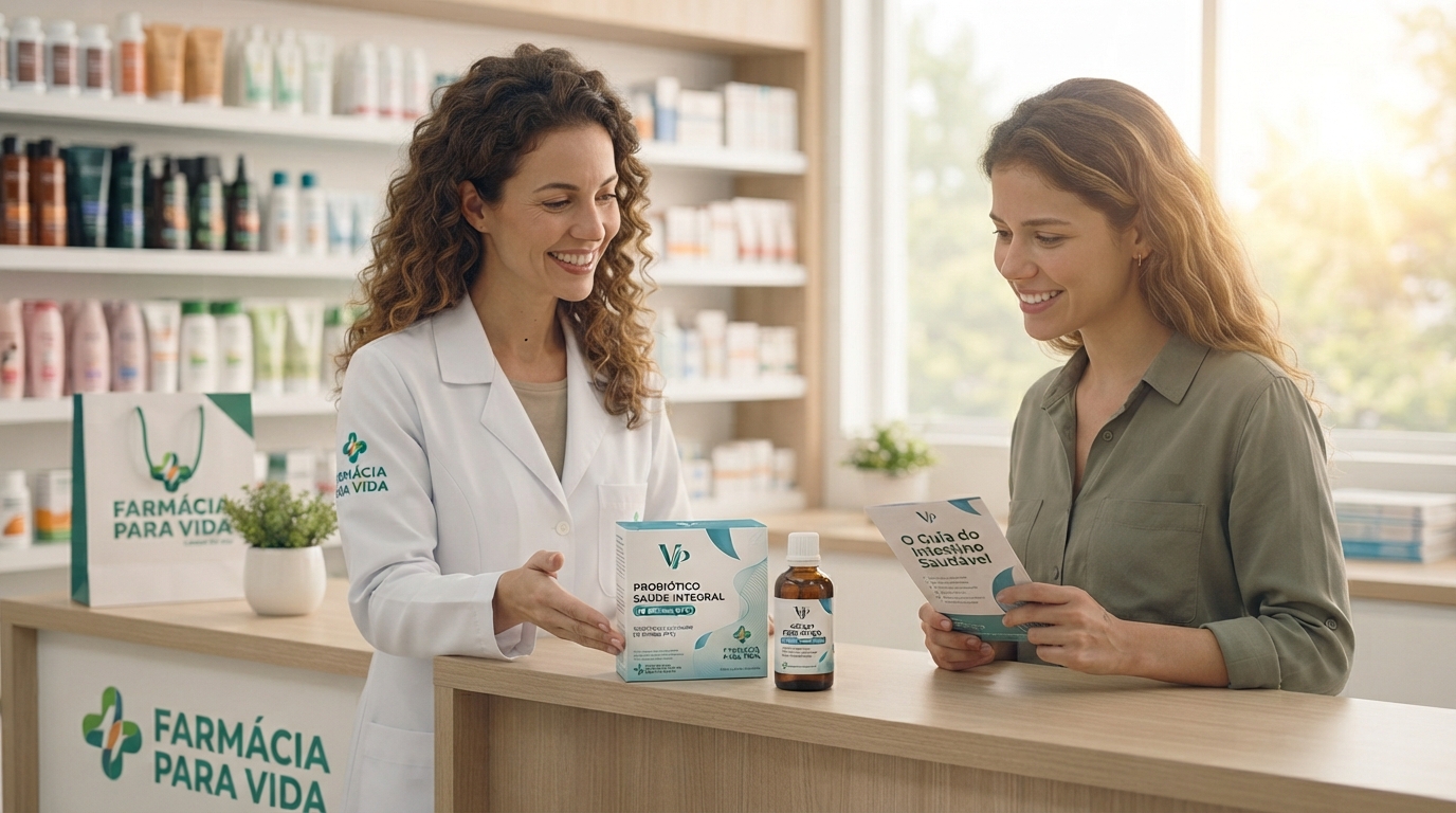 Uma farmacêutica atenciosa da 'Farmácia Para Vida', com jaleco e detalhes em azul cometa, atende uma cliente no balcão da farmácia. Ela aponta para embalagens de probióticos e frascos de suplementos, transmitindo segurança e orientação especializada sobre a microbiota.