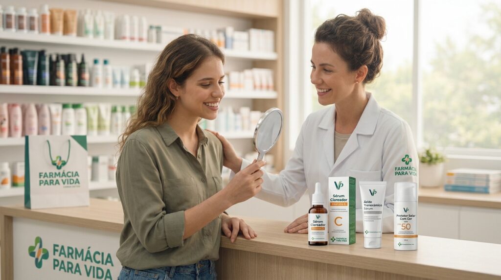 Uma farmacêutica da 'Farmácia Para Vida' usando um jaleco impecável com detalhes em azul cometa atende uma cliente no balcão da farmácia. Ela aponta para dermocosméticos específicos, como protetor solar com cor e sérum clareador. O ambiente é bem iluminado, moderno e transmite confiança e autoridade clínica no tratamento de manchas na pele.