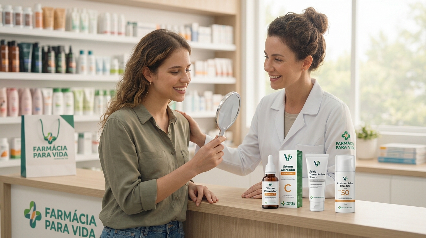 Uma farmacêutica da 'Farmácia Para Vida' usando um jaleco impecável com detalhes em azul cometa atende uma cliente no balcão da farmácia. Ela aponta para dermocosméticos específicos, como protetor solar com cor e sérum clareador. O ambiente é bem iluminado, moderno e transmite confiança e autoridade clínica no tratamento de manchas na pele.