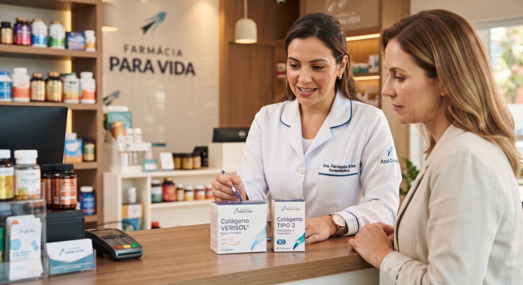 Uma farmacêutica da 'Farmácia Para Vida' com jaleco impecável e detalhes em azul cometa atende uma cliente atenta no balcão da farmácia, apresentando opções de colágeno Verisol e Tipo 2. O ambiente é acolhedor, limpo e transmite total autoridade técnica.