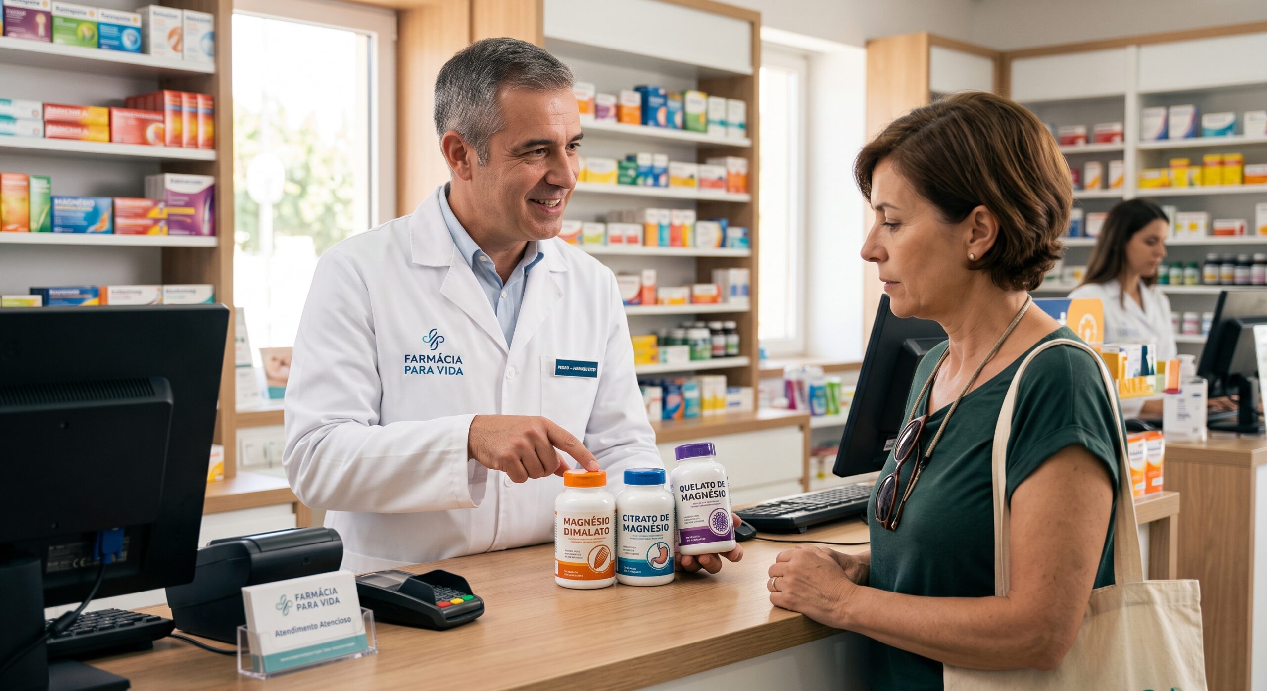 Um farmacêutico atencioso no balcão de uma farmácia moderna, vestindo jaleco branco com o logotipo 'FARMÁCIA PARA VIDA' em elegantes detalhes azul cometa. Ele está apresentando três frascos distintos de suplementos para um cliente focado, explicando as diferenças entre os tipos de magnésio. O ambiente ao fundo possui prateleiras organizadas e iluminação natural, transmitindo autoridade e acolhimento.