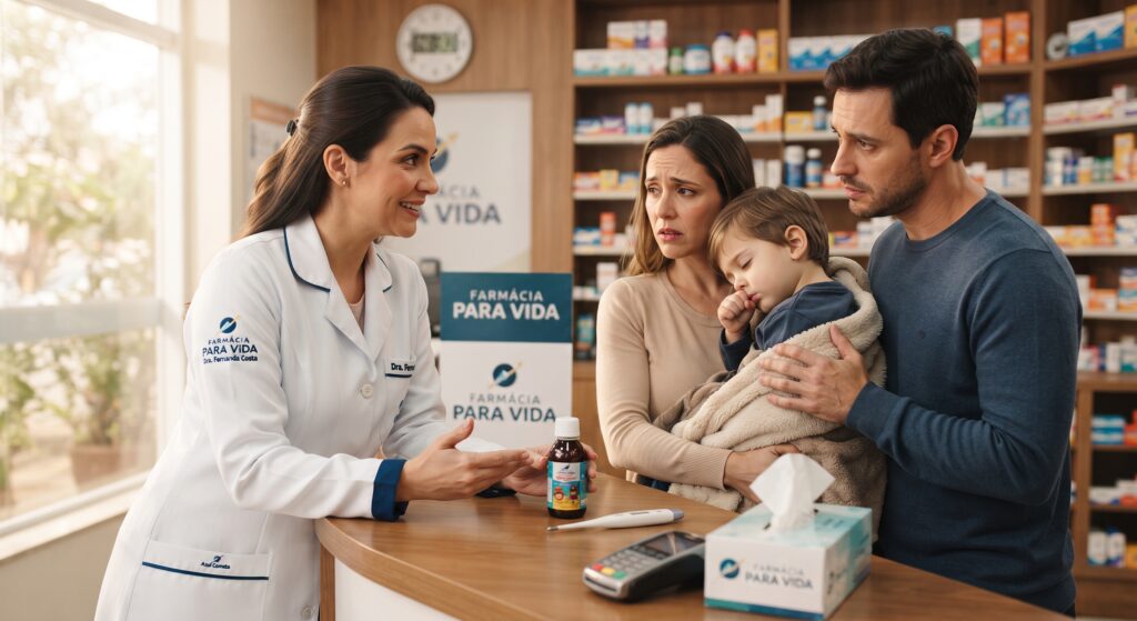 Uma farmacêutica atenciosa da 'Farmácia Para Vida' com jaleco e detalhes em azul cometa acolhe pais preocupados com um filho resfriado no balcão da farmácia, mostrando segurança e orientação pediátrica especializada.