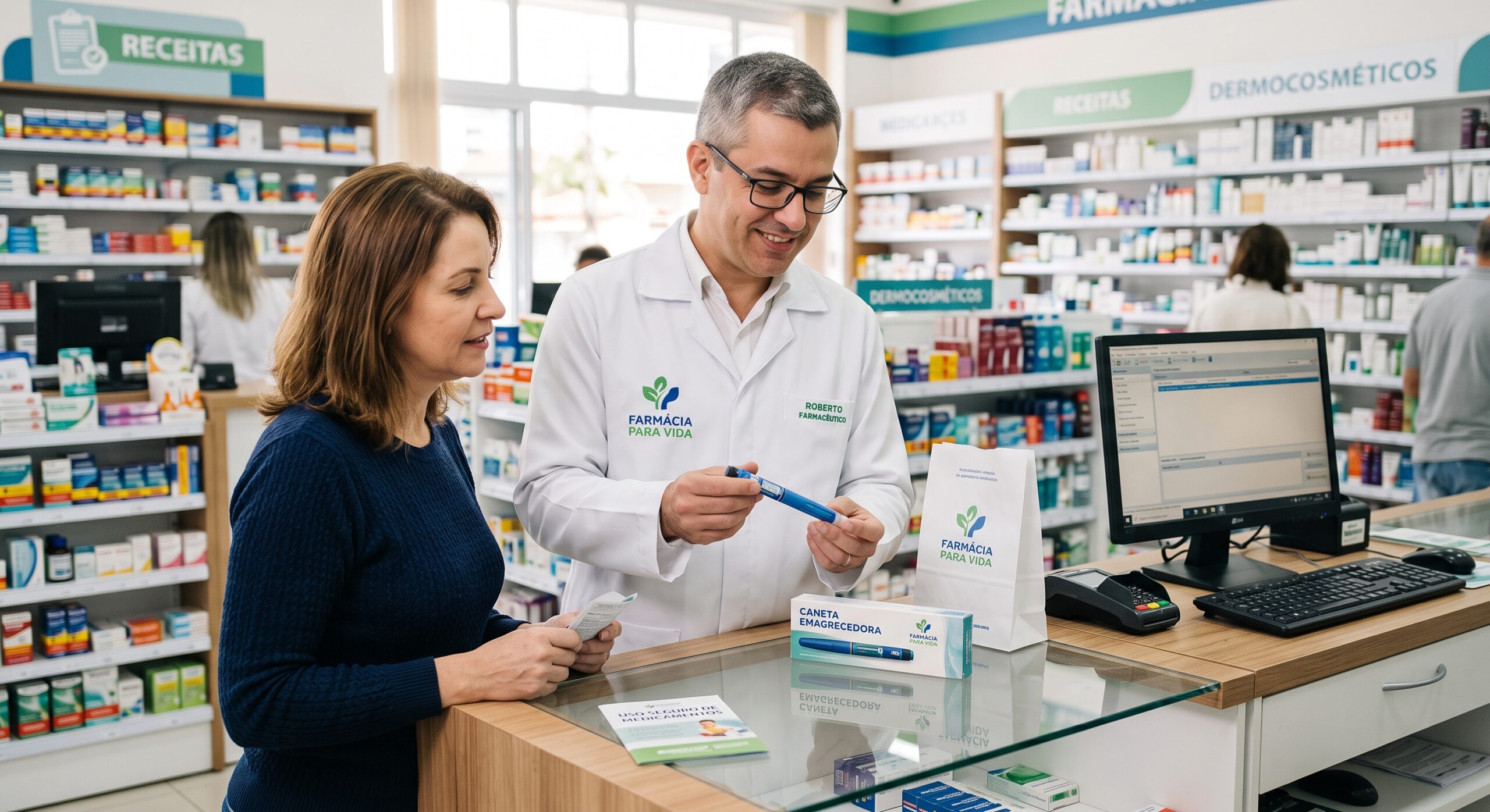 Um farmacêutico utilizando jaleco branco com o logotipo 'FARMÁCIA PARA VIDA' orienta uma paciente no balcão de uma farmácia moderna. Ele segura uma caneta emagrecedora azul para demonstrar a aplicação correta, enquanto a paciente presta atenção. O ambiente possui prateleiras organizadas ao fundo e iluminação natural, transmitindo confiança e profissionalismo. Um farmacêutico utilizando jaleco branco com o logotipo 'FARMÁCIA PARA VIDA' orienta uma paciente no balcão de uma farmácia moderna. Ele segura uma caneta emagrecedora azul para demonstrar a aplicação correta, enquanto a paciente presta atenção. O ambiente possui prateleiras organizadas ao fundo e iluminação natural, transmitindo confiança e profissionalismo. Um farmacêutico utilizando jaleco branco com o logotipo 'FARMÁCIA PARA VIDA' orienta uma paciente no balcão de uma farmácia moderna. Ele segura uma caneta emagrecedora azul para demonstrar a aplicação correta, enquanto a paciente presta atenção. O ambiente possui prateleiras organizadas ao fundo e iluminação natural, transmitindo confiança e profissionalismo.