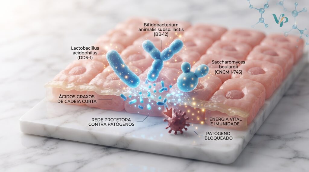 Uma ilustração médica e científica de alta qualidade em uma superfície de pedra polida, mostrando a sinergia de cepas: ilustrações estilizadas de Lactobacillus (bastão), Bifidobacterium (bifurcada) e Saccharomyces boulardii (levedura), todas em azul cometa, interagindo positivamente sobre uma seção da mucosa intestinal. Elas combatem patógenos e fortalecem a barreira com os rótulos: 'CEPAS PROBIÓTICAS ATIVAS', 'BARREIRA INTESTINAL SAUDÁVEL' e 'BLOQUEIO DE PATÓGENOS'.