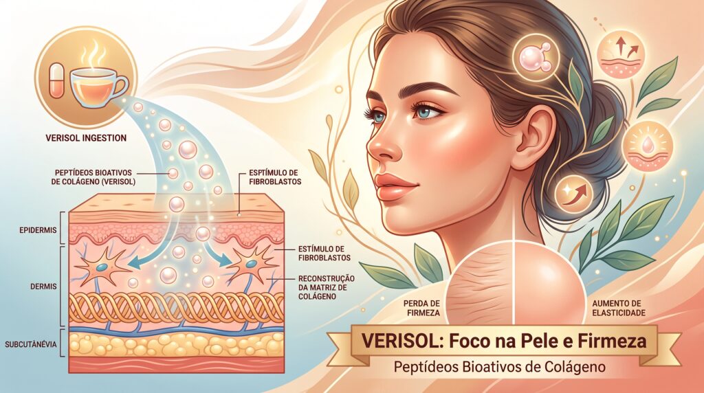 ma mulher sorridente com pele saudável, firme e radiante em um ambiente iluminado, simbolizando os resultados clínicos da suplementação contínua de peptídeos bioativos de colágeno (Verisol) na elasticidade e redução de rugas.
