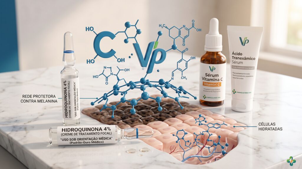 ma composição macro ilustrativa e fotorrealista em uma superfície de pedra polida, mostrando a sinergia dos ativos: uma ampola de Hidroquinona (padrão-ouro médico, 'USO SOB ORIENTAÇÃO'), o mesmo Sérum de Vitamina C e o Ácido Tranexâmico (conforme image_56.png). Moléculas estilizadas azul cometa (como 'C', 'Vp') e estruturas complexas interagem, ilustrando o bloqueio da melanina e a estabilização vascular sobre uma seção de células da pele saudáveis e uniformes, com rótulos claros em português: 'REDE PROTETORA CONTRA MELANINA' e 'CÉLULAS HIDRATADAS'. Detalhes em azul cometa e luz solar difusa mantêm a identidade Farmácia Para Vida.