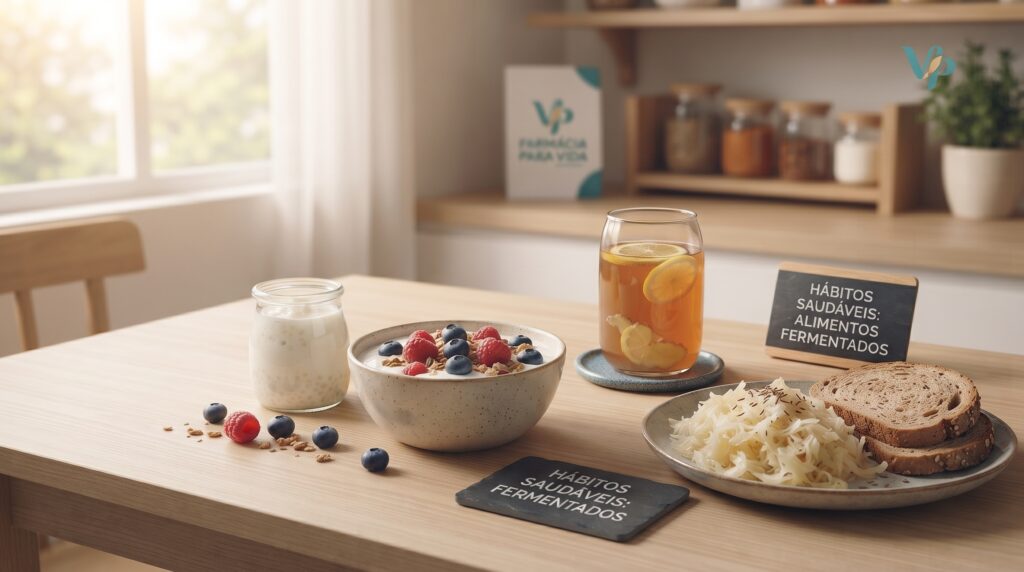 Uma imagem convidativa e fotorrealista de uma mesa de café da manhã saudável, exibindo potes de vidro com kefir, iogurte natural com frutas vermelhas, um prato com chucrute (repolho fermentado) e um copo de kombucha. A cena é iluminada por luz natural da manhã, sugerindo uma rotina de hábitos simples que apoiam a saúde da microbiota intestinal. O ambiente remete a um estilo de vida saudável e aconchegante, com sutis detalhes em azul cometa.