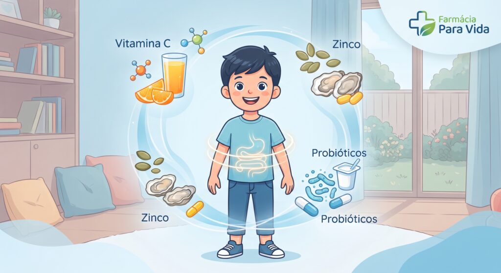 médica limpa e educativa mostrando uma criança saudável cercada por elementos de proteção imunológica (vitamina C, zinco e probióticos intestinais) em um ambiente aconchegante com tons em azul cometa e o logo da Farmácia Para Vida.