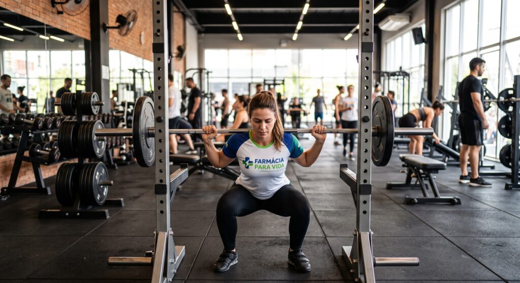 Uma mulher focada realizando exercícios com pesos em uma academia moderna e bem iluminada, vestindo uma camiseta esportiva com o logotipo 'FARMÁCIA PARA VIDA'. A imagem ilustra a necessidade vital de manter a massa muscular e praticar musculação durante tratamentos de emagrecimento para evitar a flacidez e a sarcopenia.