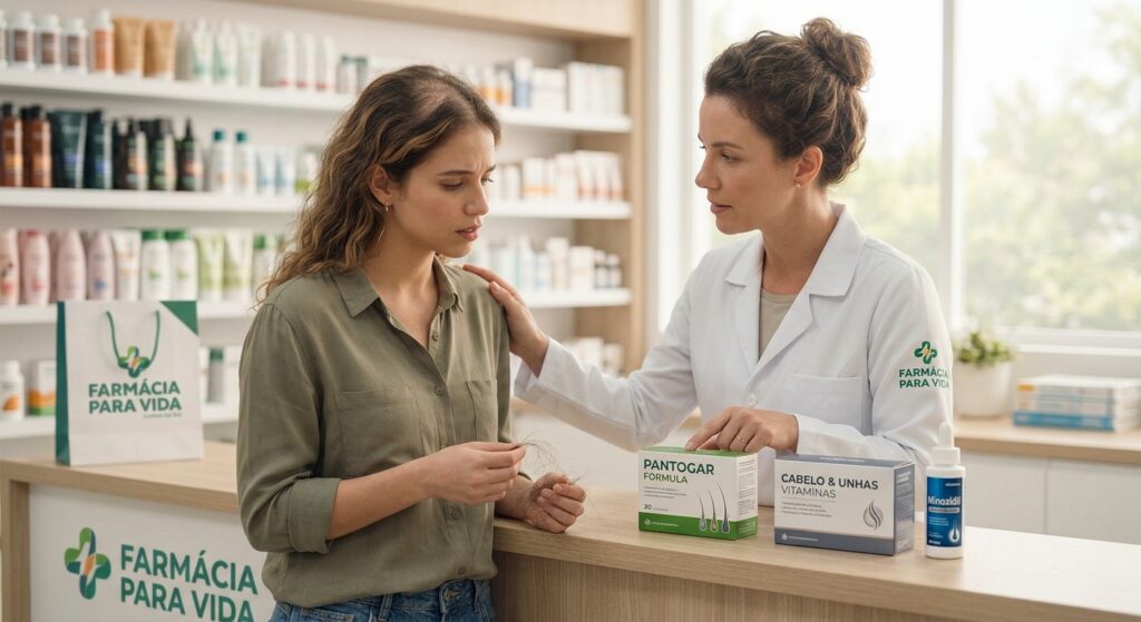 Uma farmacêutica da 'Farmácia Para Vida' com jaleco azul cometa acolhe uma paciente jovem com queda de cabelo visível no balcão da farmácia. Ela aponta para suplementos capilares específicos e Minoxidil, demonstrando autoridade e suporte em um ambiente bem iluminado.