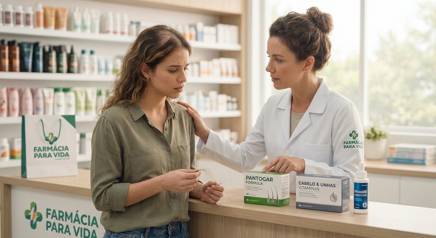 Uma farmacêutica da 'Farmácia Para Vida' com jaleco azul cometa acolhe uma paciente jovem com queda de cabelo visível no balcão da farmácia. Ela aponta para suplementos capilares específicos e Minoxidil, demonstrando autoridade e suporte em um ambiente bem iluminado.
