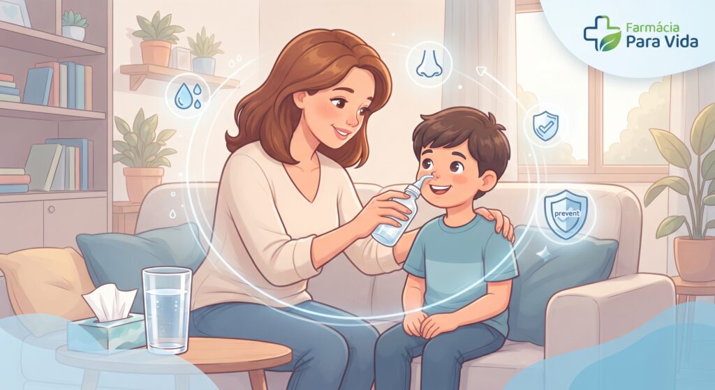 Uma mãe cuidando carinhosamente de seu filho em casa, demonstrando a importância de hábitos preventivos e hidratação para evitar infecções respiratórias na infância, com sutis detalhes visuais em azul cometa.