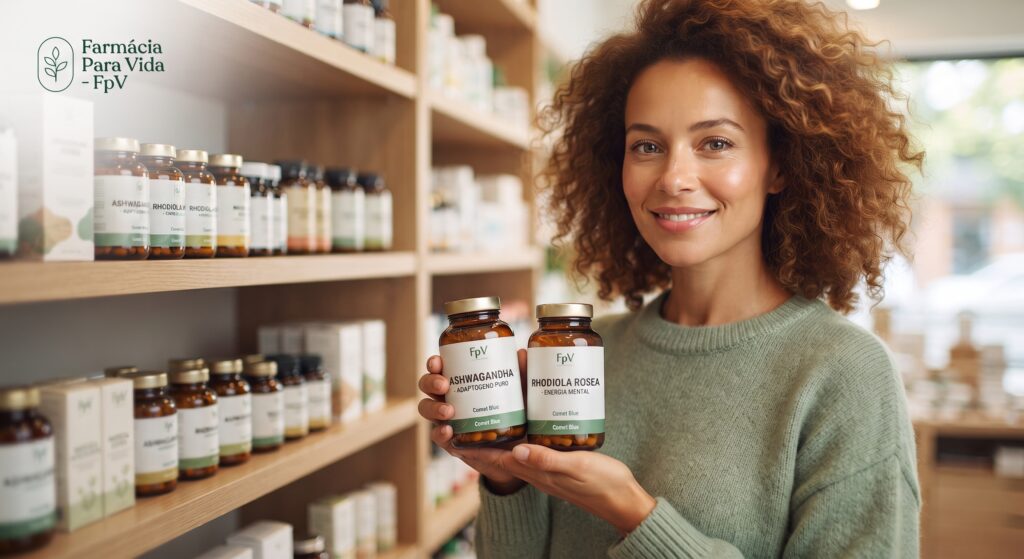 Fotografia fotorrealista e acolhedora tirada dentro da Farmácia Para Vida (FpV). Uma mulher de 30 anos, com pele radiante e sorriso de alívio, segura dois frascos de suplementos fitoterápicos (Ashwagandha e Rhodiola Rosea). Ela olha para a câmera com vitalidade, transmitindo a recuperação do esgotamento mental e da fadiga adrenal. Ao fundo, prateleiras de produtos naturais da farmácia suavemente desfocadas. Logo superior esquerdo com logotipo FpV.