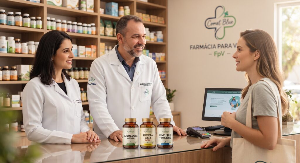 Os farmacêuticos Gleidivan Ribeiro (homem com jaleco e crachá) e Ana Paula (mulher com jaleco) atendem de forma acolhedora uma cliente no balcão da Farmácia Para Vida (FpV). Eles conversam sobre saúde mental e os suplementos fitoterápicos expostos no balcão (Ashwagandha, Rhodiola e Complexo B). O ambiente é profissional, iluminado e amigável, com prateleiras de produtos ao fundo e o logotipo da FpV visível na parede.
