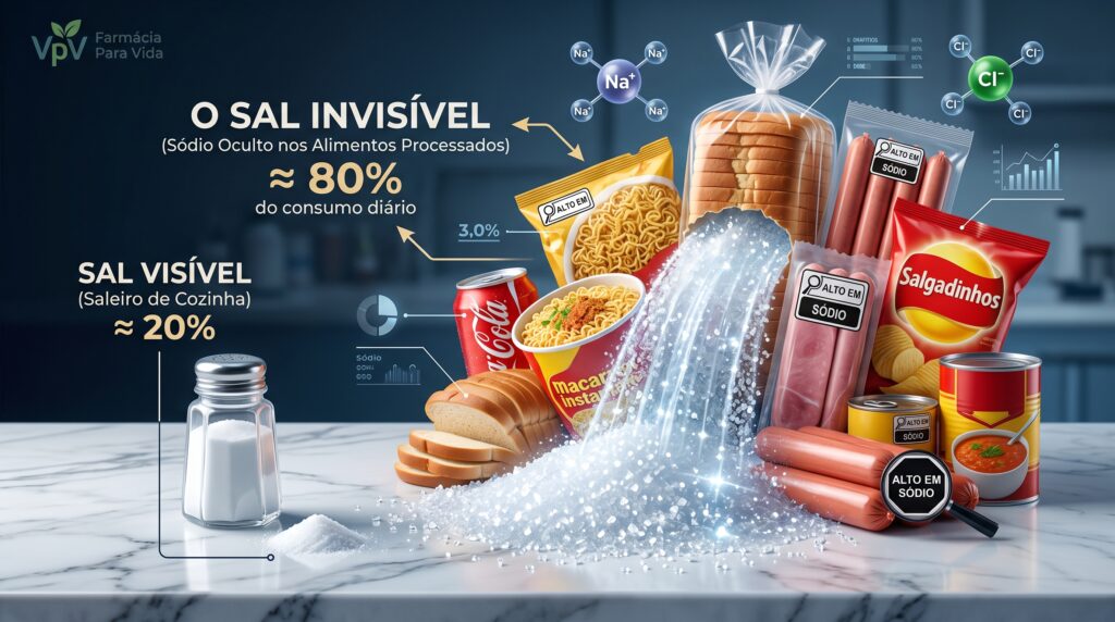 Infográfico científico 3D comparando o "Sal Visível" (saleiro de cozinha, cerca de 20% do consumo) com o "Sal Invisível" (sódio oculto em alimentos processados como macarrão instantâneo, refrigerante, pão e embutidos, representando cerca de 80% do consumo). O design moderno inclui ícones de sódio (Na+) e cloro (Cl-) sob a marca Farmácia Para Vida.