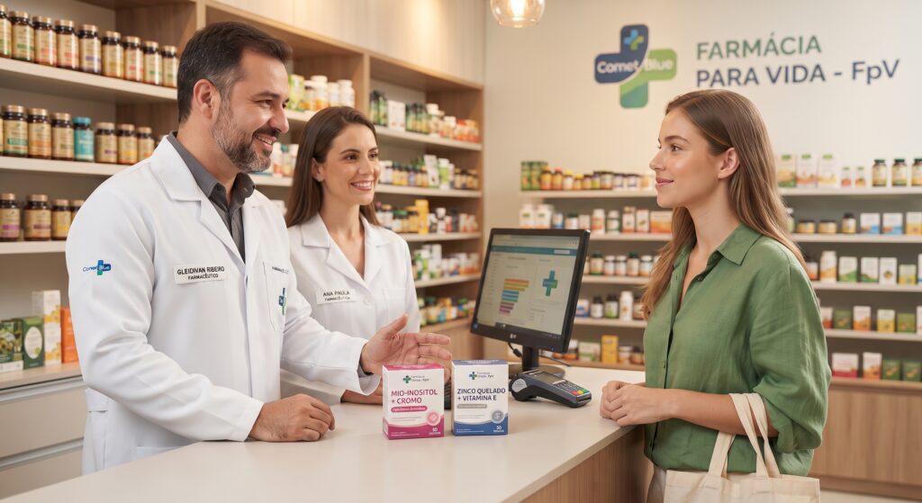 Uma fotografia fotorrealista e acolhedora, capturando o momento exato em que os farmacêuticos da "Farmácia Para Vida - FpV", Gleidivan Ribeiro (homem com jaleco branco e sorriso empático) e Ana Paula (mulher com jaleco branco), atendem ativamente uma paciente jovem (mulher de 20 anos, com pele e cabelos saudáveis) no balcão da farmácia. O ambiente é limpo, iluminado e profissional, com prateleiras de fitoterápicos e suplementos ao fundo. Sobre o balcão, há um monitor e caixas de suplementos de Mio-Inositol e Zinco Quelado. A paciente ouve com atenção. Ao fundo, na parede, destaca-se o logotipo discreto em formato de cruz farmacêutica na cor azul-cometa e verde, com os dizeres "Farmácia Para Vida - FpV".