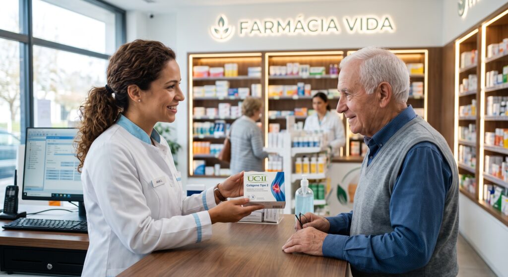 Uma farmacêutica da Farmácia Para Vida, vestindo jaleco branco com detalhes em azul cometa, interage com um cliente idoso no balcão limpo e moderno. Ela segura uma caixa de suplemento UC-II e explica o tratamento sorrindo, transmitindo confiança e profissionalismo no alívio das dores nas articulações.