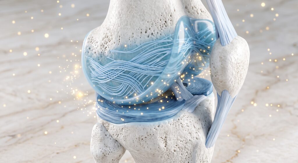 Ilustração médica científica 3D fotorrealista macro mostrando uma articulação de joelho humano saudável. Destaque para as fibras de colágeno tipo 2 organizadas estruturalmente na cor azul claro, amortecendo o impacto entre os ossos. Partículas de luz dourada simbolizam a regeneração da cartilagem e o alívio profundo da dor e da inflamação.