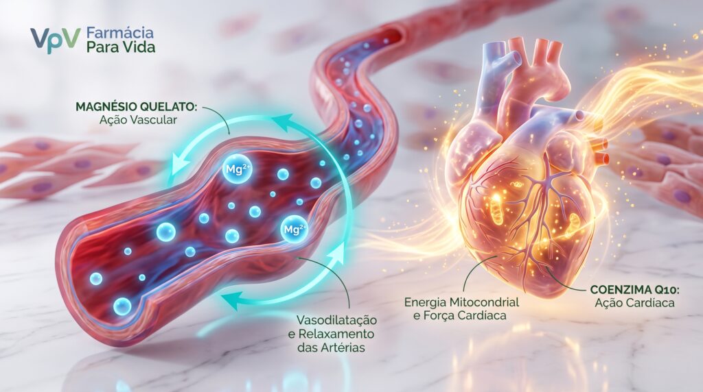 Ilustração médica científica 3D fotorrealista mostrando o coração humano e uma artéria. À esquerda, as moléculas de Magnésio Quelato (Mg²⁺) promovem a vasodilatação e o relaxamento das artérias em tons de azul. À direita, a Coenzima Q10 atua no coração, impulsionando a energia mitocondrial e a força cardíaca em um fluxo dourado e luminoso. No canto superior esquerdo, o logotipo da Farmácia Para Vida está visível.
