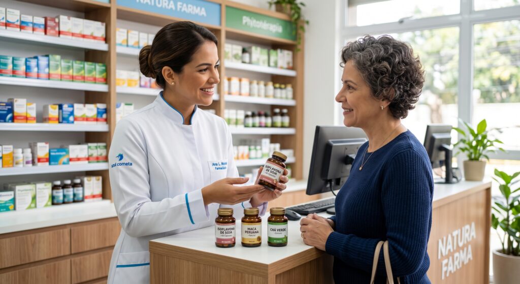 Farmacêutica Ana Paula da Farmácia Para Vida, vestindo jaleco branco com detalhes em azul cometa, atende com empatia uma mulher de meia-idade no balcão. Ela segura frascos de fitoterápicos, explicando os benefícios naturais para alívio dos sintomas da menopausa.