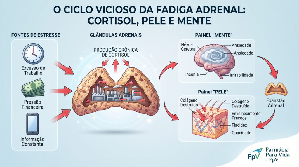 Infográfico científico detalhado da Farmácia Para Vida (FpV) ilustrando o ciclo vicioso da fadiga adrenal. Mostra fontes de estresse (trabalho, finanças) ativando as glândulas adrenais para produzir cortisol crônico, que por sua vez causa desgaste mental (névoa cerebral, ansiedade) e destruição do colágeno da pele (envelhecimento precoce, flacidez). Design limpo com setas de fluxo e logotipo FpV.