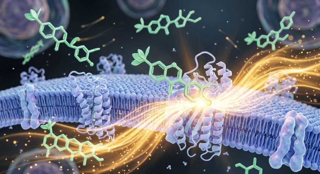 3D fotorrealista macro. Mostra moléculas orgânicas verdes de isoflavona acoplando-se a receptores celulares em tons de azul e roxo, promovendo o equilíbrio hormonal. Uma aura dourada simboliza o alívio dos calores da menopausa.