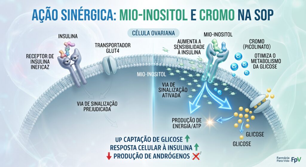 Ilustração científica em 3D detalhando o mecanismo de ação intracelular dentro de uma célula ovariana humana. O diagrama mostra a membrana celular com receptores de insulina. De um lado, a sinalização de insulina é fraca (resistência), impedindo a entrada de glicose. Do outro lado, a presença de moléculas de Mio-Inositol (representadas como pequenas estruturas hexagonais verdes) e íons de Cromo (esferas azuis) otimiza a via de sinalização, facilitando a abertura dos canais GLUT4 e a entrada eficiente da glicose. Setas indicam a redução da produção de andrógenos. Visual didático e limpo, com o logotipo da Farmácia Para Vida - FpV ao fundo.