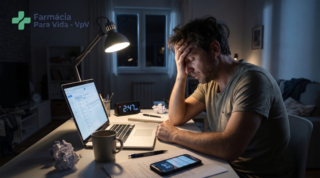 `Foto fotorrealista de um homem exausto e sobrecarregado, sentado em frente ao computador tarde da noite em um escritório doméstico improvisado. Ele está apoiando a cabeça na mão, com os olhos fechados e expressão de cansaço, tentando lidar com a fadiga. Na mesa de trabalho bagunçada, há um laptop ligado, papéis amassados, caderno, canetas, uma caneca e um relógio digital que marca 02:47 AM. No canto superior esquerdo, o logotipo discreto "Farmácia Para Vida - VpV" em azul-cometa e verde. Ambiente escuro com luz de luminária de mesa, sugerindo insônia e estresse crônico.