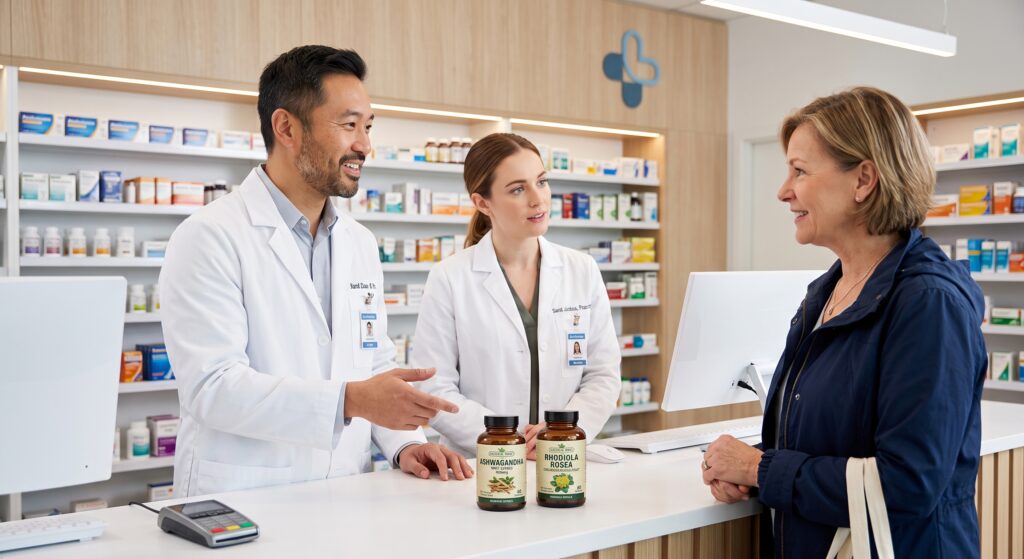 Fotografia fotorrealista e acolhedora de dois farmacêuticos, um homem e uma mulher, vestindo jalecos brancos impecáveis, atendendo um paciente no balcão de uma farmácia moderna e bem iluminada. No balcão, estão frascos de suplementos botânicos representando Ashwagandha e Rhodiola. Ao fundo, um discreto logotipo em formato de cruz farmacêutica na cor azul-cometa, sem letras. O ambiente transmite profissionalismo, empatia e cuidado humanizado com a saúde mental.