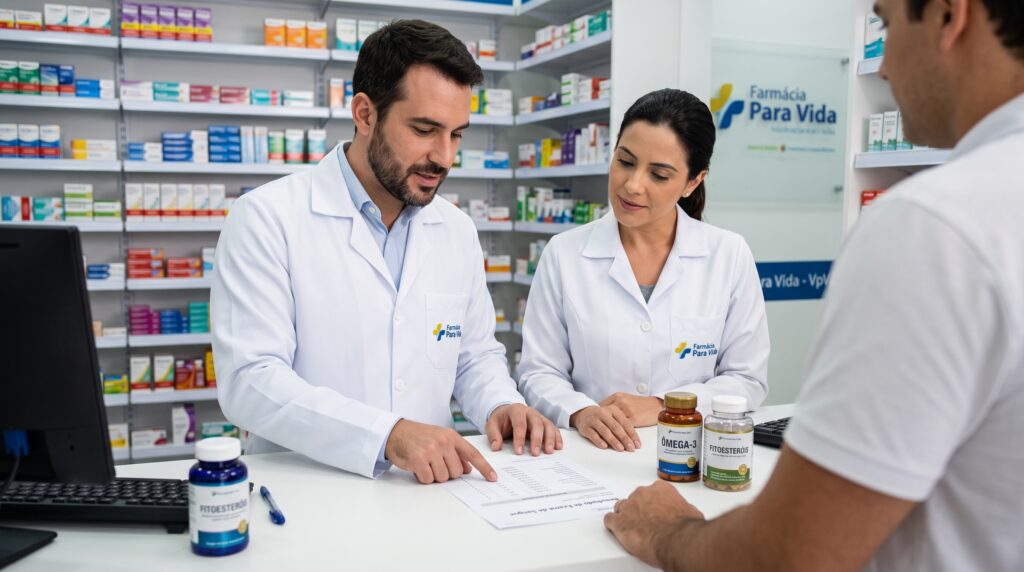 Fotografia profissional e acolhedora de dois farmacêuticos (um homem e uma mulher) vestindo jalecos brancos, atendendo um paciente no balcão de uma farmácia moderna e bem iluminada. Eles analisam com atenção e empatia um exame laboratorial de colesterol. No balcão, estão visíveis frascos de suplementos de qualidade com os rótulos "Ômega-3" e "Fitoesteróis". O ambiente transmite confiança, autoridade médica e excelente cuidado ao paciente. Ao fundo, o logotipo da Farmácia Para Vida em azul-cometa.