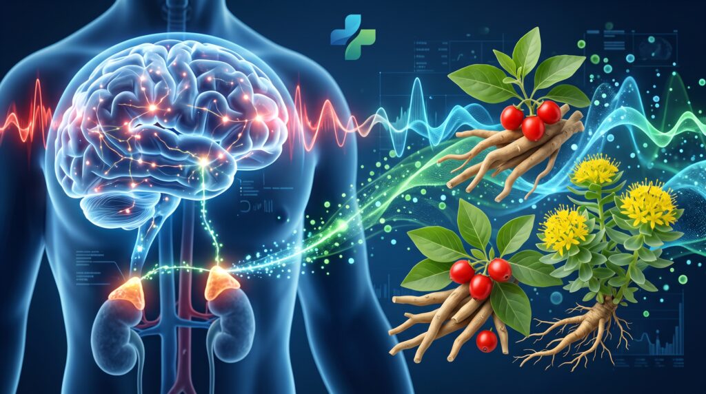 Ilustração médica e científica em 3D mostrando a silhueta humana com destaque para o cérebro e as glândulas adrenais. Linhas de energia onduladas mostram a transição de ondas vermelhas agitadas (estresse) para ondas azuis calmas (equilíbrio). Ao lado, representações botânicas das raízes e folhas de Ashwagandha e das flores amarelas da Rhodiola Rosea, simbolizando a ação dos adaptógenos no sistema nervoso. No topo, o símbolo da cruz farmacêutica em azul-cometa e verde.