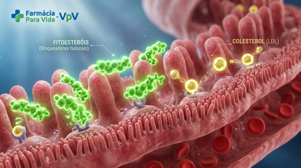 Ilustração médica e científica 3D macro detalhada mostrando o interior do intestino humano (vilosidades intestinais). Moléculas verde-brilhantes rotuladas como "Fitoesteróis (Bloqueadores Naturais)" ocupam fisicamente os receptores das células intestinais, bloqueando a absorção das moléculas amarelas reluzentes rotuladas como "Colesterol (LDL)". No canto superior esquerdo, aparece o logotipo "Farmácia Para Vida - VpV" em azul-cometa e verde. Visual moderno, futurista e altamente educativo.