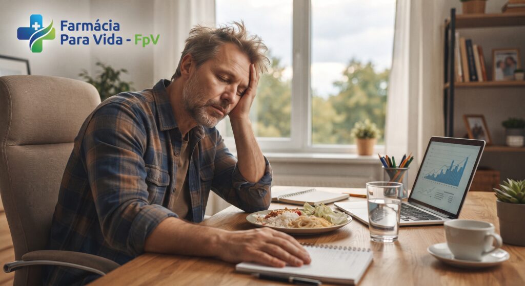 oto fotorrealista e acolhedora de um homem exausto, sentado à mesa de trabalho em um escritório doméstico durante a tarde. Ele apoia a cabeça pesadamente na mão, com os olhos fechados e expressão de letargia profunda, logo após o almoço. Na mesa, há um prato com restos de comida (arroz, macarrão, pouca salada), um copo de água e um laptop aberto. A luz natural suave da tarde entra pela janela ao fundo, enfatizando o ambiente sonolento. No canto superior esquerdo, o logotipo discreto "Farmácia Para Vida - FpV" em azul-cometa e verde.