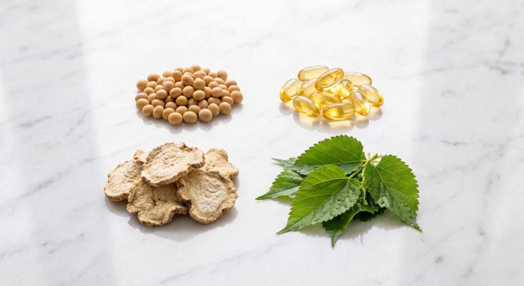 omposição fotográfica elegante sobre mármore branco, mostrando cápsulas de óleo de prímula, sementes de soja, raiz de maca peruana fatiada e folhas de amora verdejantes. A iluminação natural transmite saúde e o poder da natureza no tratamento da menopausa.