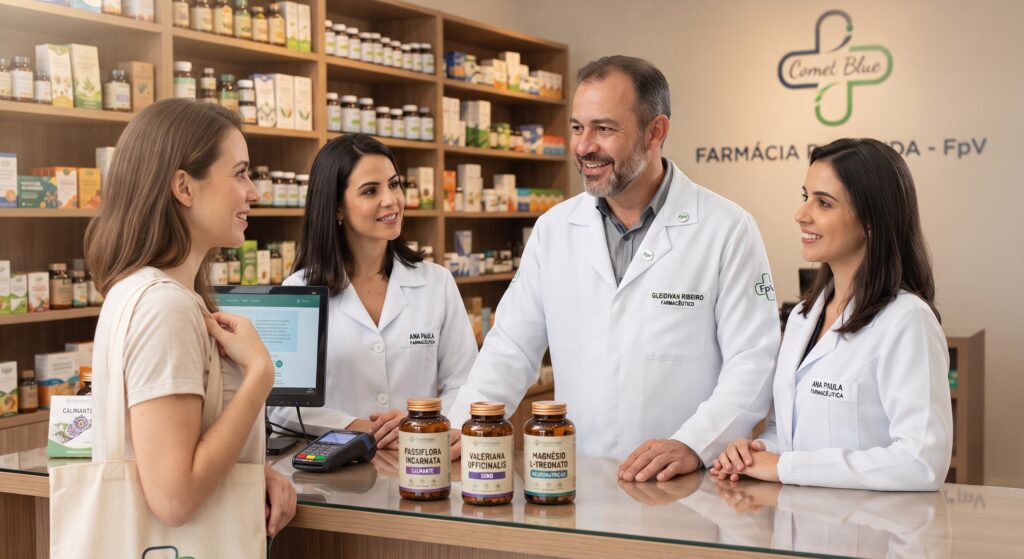 Os farmacêuticos Gleidivan Ribeiro e Ana Paula atendem de forma acolhedora e empática uma cliente no balcão da Farmácia Para Vida (FpV). Sobre a bancada, há frascos de suplementos naturais e fitoterápicos de suporte à saúde mental (como Passiflora e Magnésio L-Treonato). O ambiente é profissional, iluminado, com prateleiras organizadas ao fundo e o logotipo da FpV visível na parede.