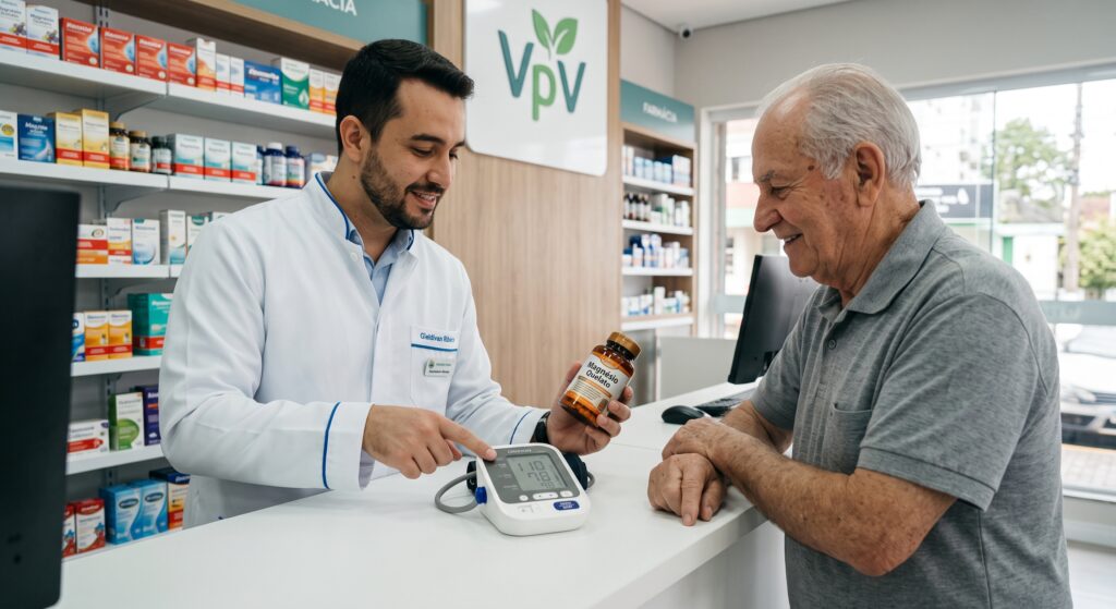 Farmacêutico Gleidivan da Farmácia Para Vida, vestindo jaleco branco com detalhes em azul cometa, interage com um cliente idoso no balcão limpo e moderno. Ele segura um frasco de Magnésio Quelato e aponta para um monitor de pressão arterial. O controle da pressão arterial e o equilíbrio de sódio e micronutrientes são essenciais para evitar o "sal invisível" e proteger a saúde cardiovascular.